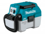 A teal and black Makita cordless leaf blower with 18V variable airflow control and a concentrator nozzle.,