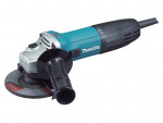 A teal and black Makita corded angle grinder with a 110V motor, a side handle, and a wheel guard, for grinding, cutting, and surface preparation.