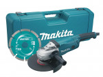 A teal and black Makita corded angle grinder with a 240V motor, a side handle, and a wheel guard, for grinding, cutting, and surface preparation.