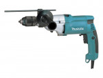 A teal and black Makita cordless drill driver with 110V a keyless chuck and variable-speed trigger, for drilling and screw driving.