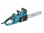 A teal and black Makita cordless chainsaw with a guide bar and automatic chain lubrication, for felling and pruning timber.