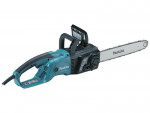 A teal and black Makita cordless chainsaw with a guide bar and automatic chain lubrication, for felling and pruning timber.