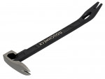 A steel nail-pulling bar with a hardened forked claw at one end, designed for levering out nails and tacks from timber surfaces.