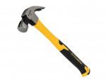 A claw hammer with a fibreglass handle and a polished steel head featuring a straight claw for nail removal and a flat striking face.,