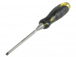A bevel-edge wood chisel with a hardened steel blade and a polymer or wooden handle, for paring and chopping joints in timber.
