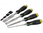 A bevel-edge wood chisel with a hardened steel blade and a polymer or wooden handle, for paring and chopping joints in timber.