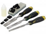 A bevel-edge wood chisel with a hardened steel blade and a polymer or wooden handle, for paring and chopping joints in timber.