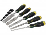 A bevel-edge wood chisel with a hardened steel blade and a polymer or wooden handle, for paring and chopping joints in timber.