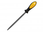 A Roughneck needle file with a hardened steel abrasive surface and a turned wooden or synthetic handle, for shaping and deburring metal.