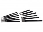 A hardened steel chisel with a bevelled cutting edge and a square-section body, for cutting stone, brick, or timber.