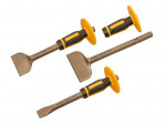 A hardened steel bolster chisel with a wide flat blade, used for cutting masonry, tiles, and breaking out concrete.