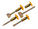 A hardened steel bolster chisel with a wide flat blade, used for cutting masonry, tiles, and breaking out concrete.