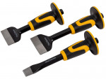 A hardened steel bolster chisel with a wide flat blade, used for cutting masonry, tiles, and breaking out concrete.