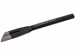 A hardened steel chisel with a bevelled cutting edge and a square-section body, for cutting stone, brick, or timber.