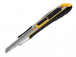 A retractable utility knife with a rubberised or plastic body, a locking mechanism, and replaceable snap-off blade segments.