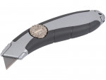 A retractable utility knife with a rubberised or plastic body, a locking mechanism, and replaceable snap-off blade segments.