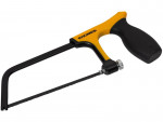 A hacksaw with a metal frame, adjustable blade tension, and a pistol-grip handle, for cutting metal bar, pipe, and conduit.