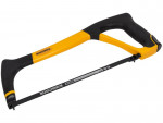 A hacksaw with a metal frame, adjustable blade tension, and a pistol-grip handle, for cutting metal bar, pipe, and conduit.