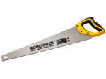 A saw with a hardened blade and a comfortable handle, for cutting timber, metal, or masonry.