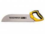A saw with a hardened blade and a comfortable handle, for cutting timber, metal, or masonry.