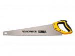 A saw with a hardened blade and a comfortable handle, for cutting timber, metal, or masonry.