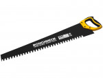 A saw with a hardened blade and a comfortable handle, for cutting timber, metal, or masonry.