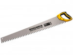 A saw with a hardened blade and a comfortable handle, for cutting timber, metal, or masonry.