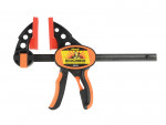 A Roughneck sash clamp with a long steel bar, a fixed jaw, and a sliding adjustable tail stop, for clamping wide assemblies during gluing.
