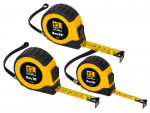 A Roughneck retractable tape measure with a blade, a rubberised case, and a belt clip, for general site measurement.