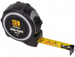 A Roughneck retractable tape measure with a blade, a rubberised case, and a belt clip, for general site measurement.