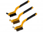 A wire brush with steel or brass bristle rows in a wooden or plastic handle, for removing rust, scale, and surface contaminants from metal.