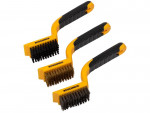 A wire brush with steel or brass bristle rows in a wooden or plastic handle, for removing rust, scale, and surface contaminants from metal.