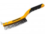 A wire brush with steel or brass bristle rows in a wooden or plastic handle, for removing rust, scale, and surface contaminants from metal.