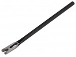 A hardened steel chisel with a bevelled cutting edge and a square-section body, for cutting stone, brick, or timber.
