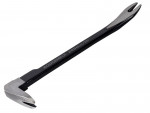 A steel nail-pulling bar with a hardened forked claw at one end, designed for levering out nails and tacks from timber surfaces.