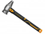 A sledgehammer with a heavy steel head and a long steel-handled handle, for heavy demolition, driving stakes, and breaking up masonry.