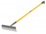 A Roughneck garden rake with multiple hardened steel tines and a long wooden handle, for levelling soil and clearing debris.