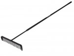 A Roughneck garden rake with multiple hardened steel tines and a long wooden handle, for levelling soil and clearing debris.