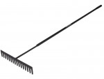 A Roughneck garden rake with multiple hardened steel tines and a long wooden handle, for levelling soil and clearing debris.