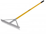 A Roughneck garden rake with multiple hardened steel tines and a long wooden handle, for levelling soil and clearing debris.