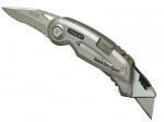 A retractable utility knife with a rubberised or plastic body, a locking mechanism, and replaceable snap-off blade segments.