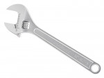 A Stanley adjustable spanner with a smooth-jaw jaw opening controlled by a worm-gear wheel, suitable for a range of nut sizes.