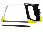 A hacksaw with a metal frame, adjustable blade tension, and a pistol-grip handle, for cutting metal bar, pipe, and conduit.