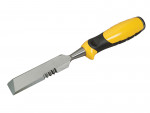 A hardened steel chisel with a bevelled cutting edge and a square-section body, for cutting stone, brick, or timber.