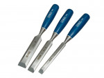 A bevel-edge wood chisel with a hardened steel blade and a polymer or wooden handle, for paring and chopping joints in timber.