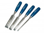 A bevel-edge wood chisel with a hardened steel blade and a polymer or wooden handle, for paring and chopping joints in timber.