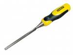 A bevel-edge wood chisel with a hardened steel blade and a polymer or wooden handle, for paring and chopping joints in timber.