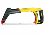 A hacksaw with a metal frame, adjustable blade tension, and a pistol-grip handle, for cutting metal bar, pipe, and conduit.