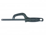 A hacksaw with a metal frame, adjustable blade tension, and a pistol-grip handle, for cutting metal bar, pipe, and conduit.
