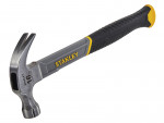 A claw hammer with a fibreglass handle and a polished steel head featuring a curved claw for nail removal and a flat striking face.,